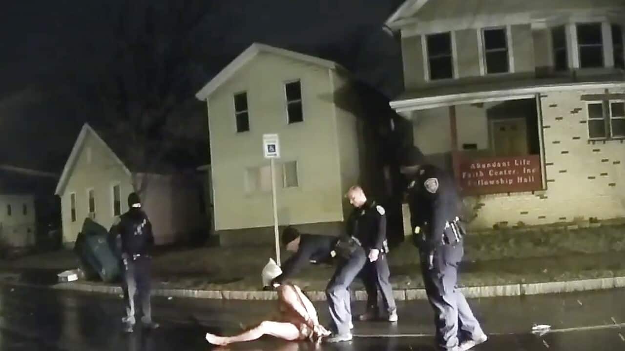 Police body camera video showing an officer putting a hood over the head of Daniel Prude, on March 23, 2020, in Rochester, New York.