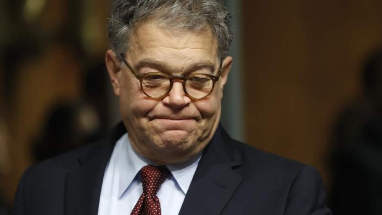 Al Franken, D-Minn arrives on Capitol Hill during senate hearing.