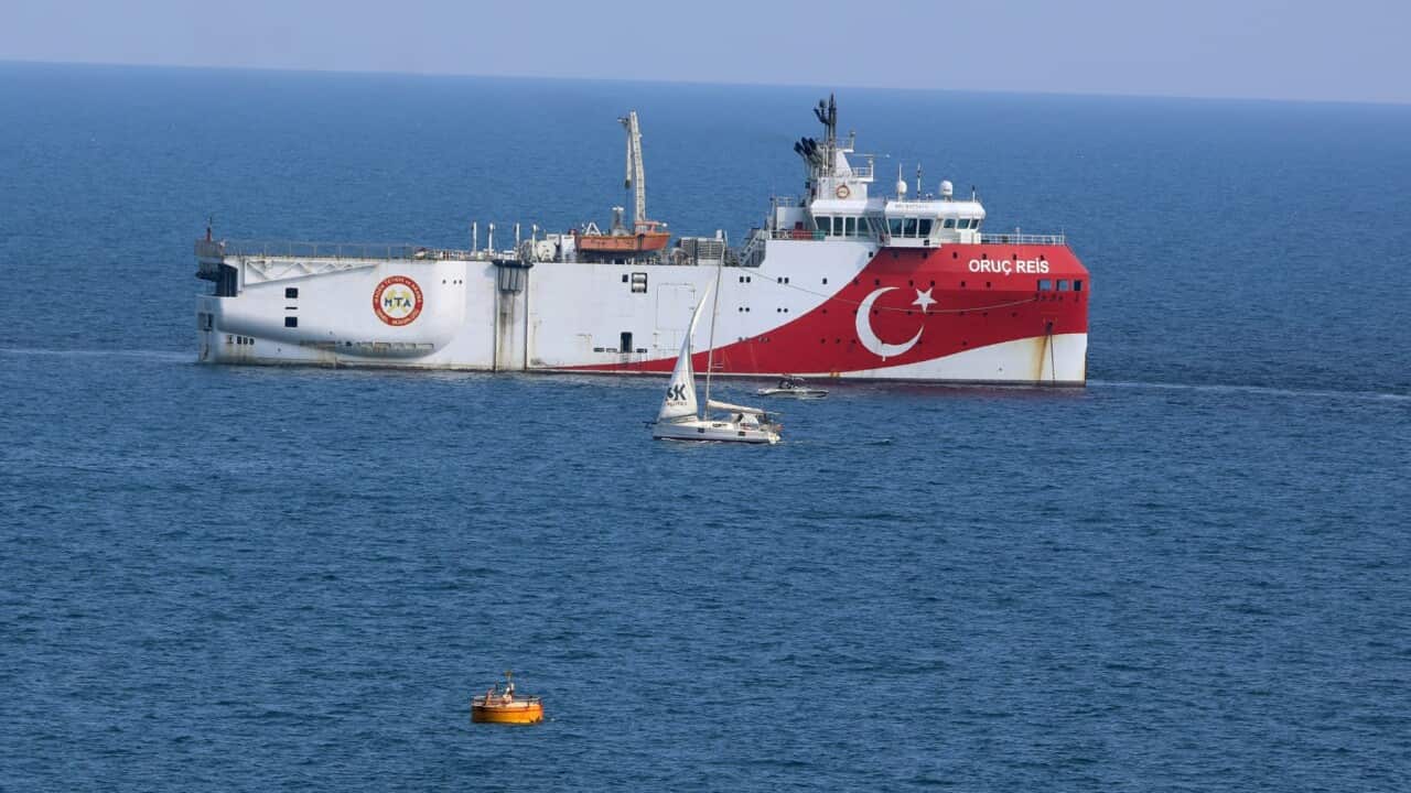 Turkey's research vessel, Oruc Reis anchored off the coast of Antalya on the Mediterranean, Turkey, Sunday, Sept. 13, 2020.