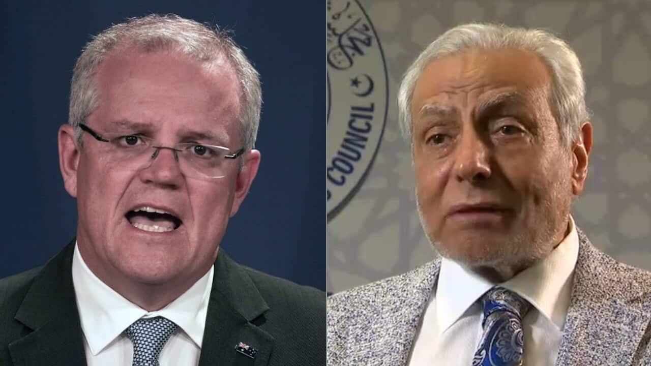 Combo image: Grand Mufti Dr Ibrahim Abu Mohamed (R) and Prime Minister Scott Morrison speaks during a press conference in Sydney on Saturday (AAP)