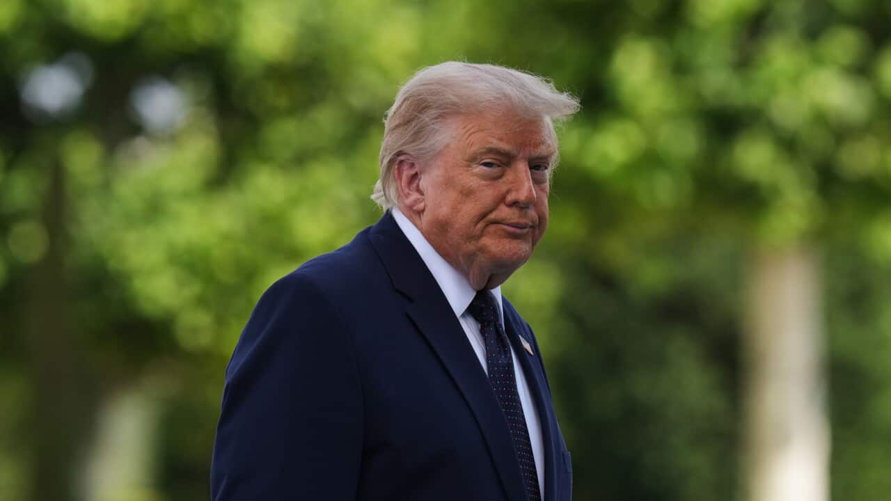 Donald Trump in a blue suit and tie purses his lips as he looks toward the camera.