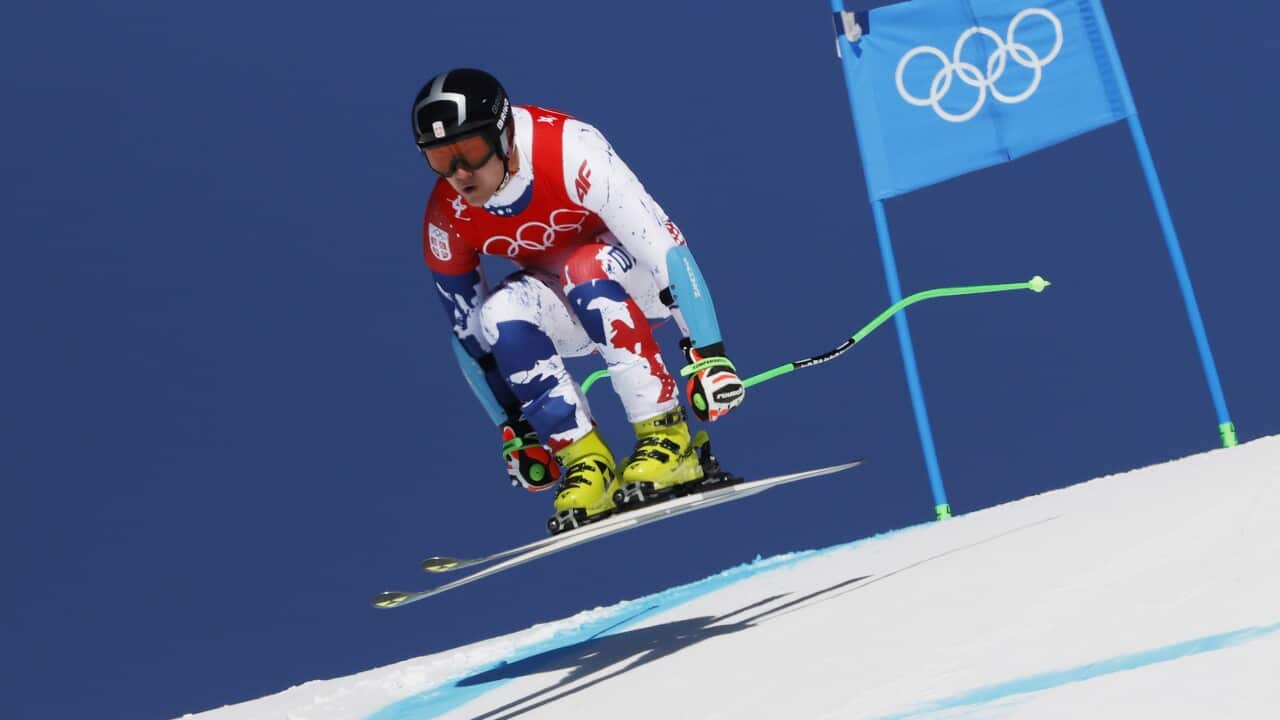 Marko Vukicevic of Serbia in action during the Men's Super-G race of the Alpine Skiing events of the Beijing 2022 Olympic Games at the Yanqing National Alpine Ski Centre Skiing, Beijing municipality, China, 08 February 2022. EPA/GUILLAUME HORCAJUELO