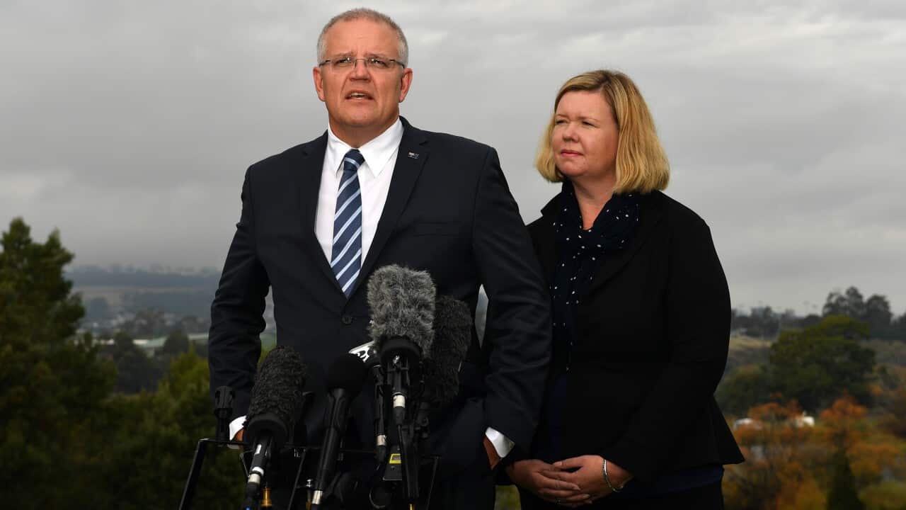 Prime Minister Scott Morrison and then-Liberal candidate for Bass Bridget Archer at a press conference in Launceston, Tasmania, in 2019.