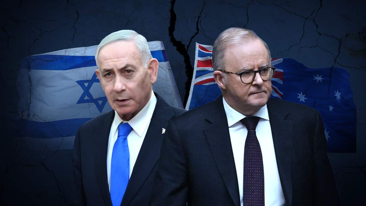 A composite image of Israeli Prime Minister Benjamin Netanyahu in front of an Israeli flag. Next to him is Australian PM Anthony Albanese in front of an Australian flag. A crack separates the two.