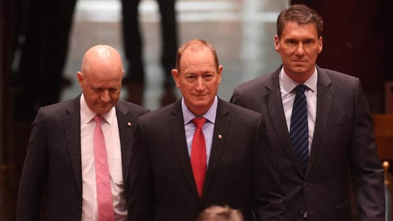 New Senator Fraser Anning with David Leyonhjelm and Cory Bernardi