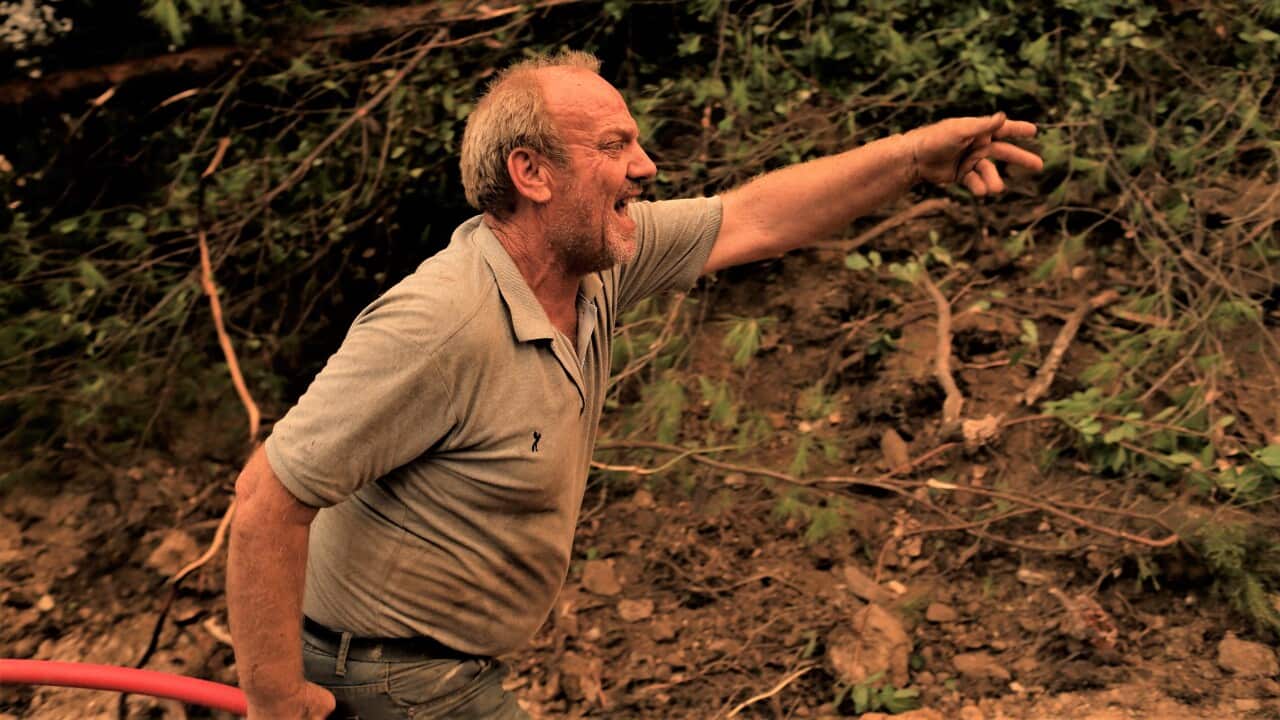A local man shouts to firefighters as they battle flames during a wildfire at the village of Istiaia in the island of Evia, Greece.