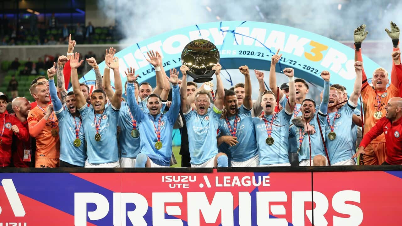 Melbourne City are presented with the Premiers Plate ahead of the A-League match between against Western Sydney Wanderers