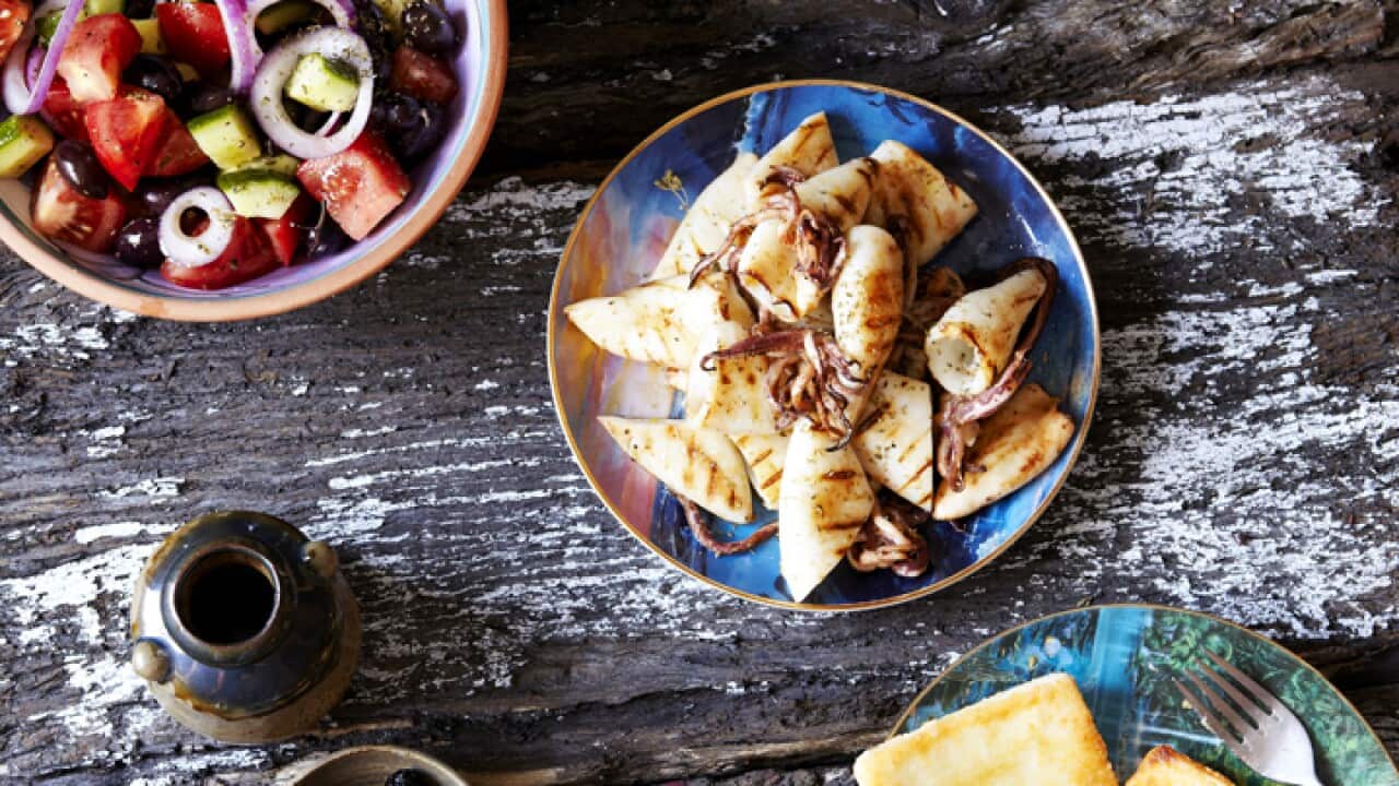 Chargrilled baby calamari with fried saganaki