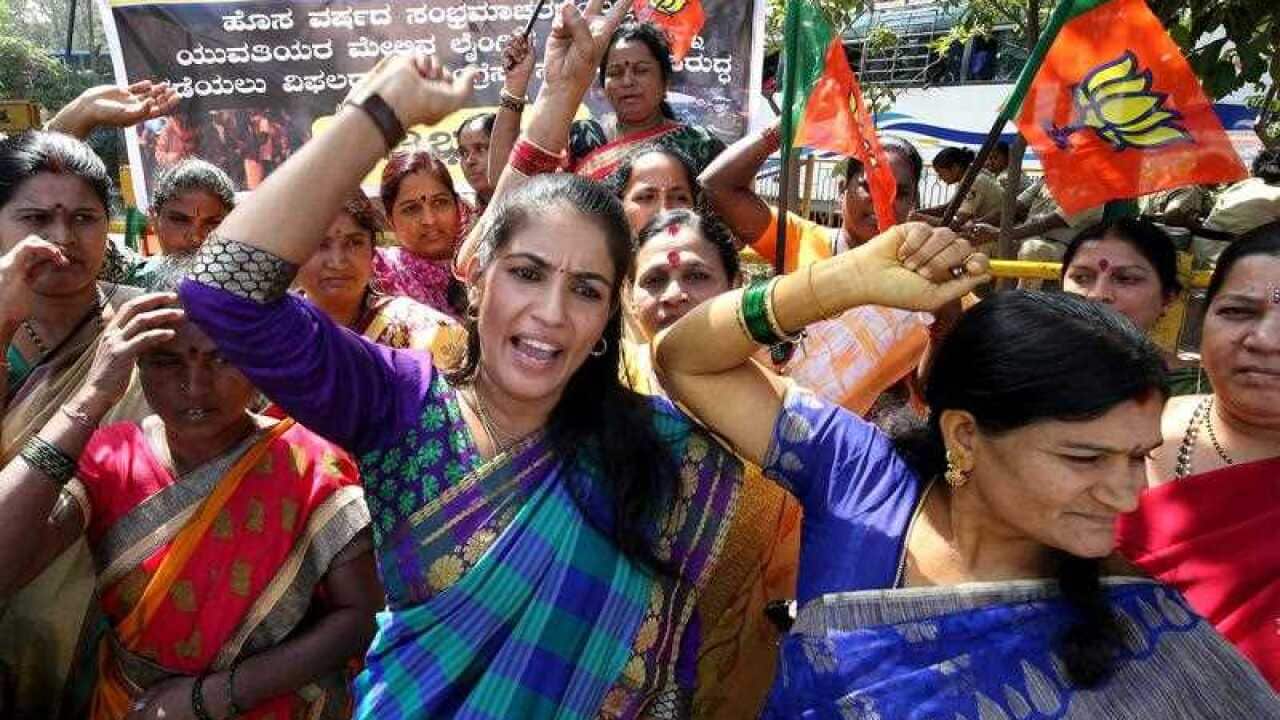 Members of the Bharatiya Janata Party shout slogans against the culprits to make immediate arrest following mass molestation incidents reported on NYE