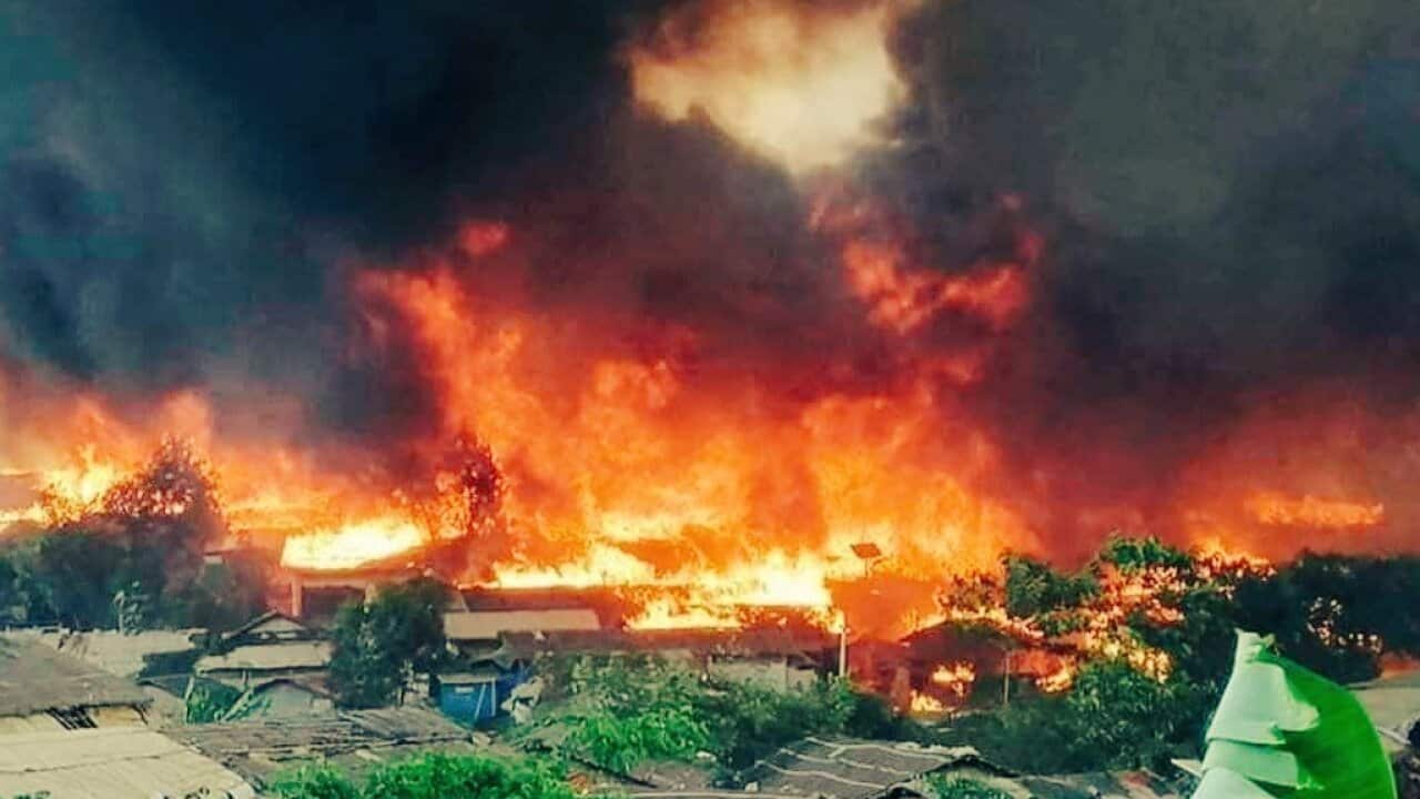 A view from the Balukhali Rohingya camp after a huge fire broken out in Coxs Bazar, Bangladesh on 22 March.