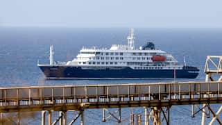 The cruise ship MV Hondius anchored at sea, with a metal walkway in the foreground.