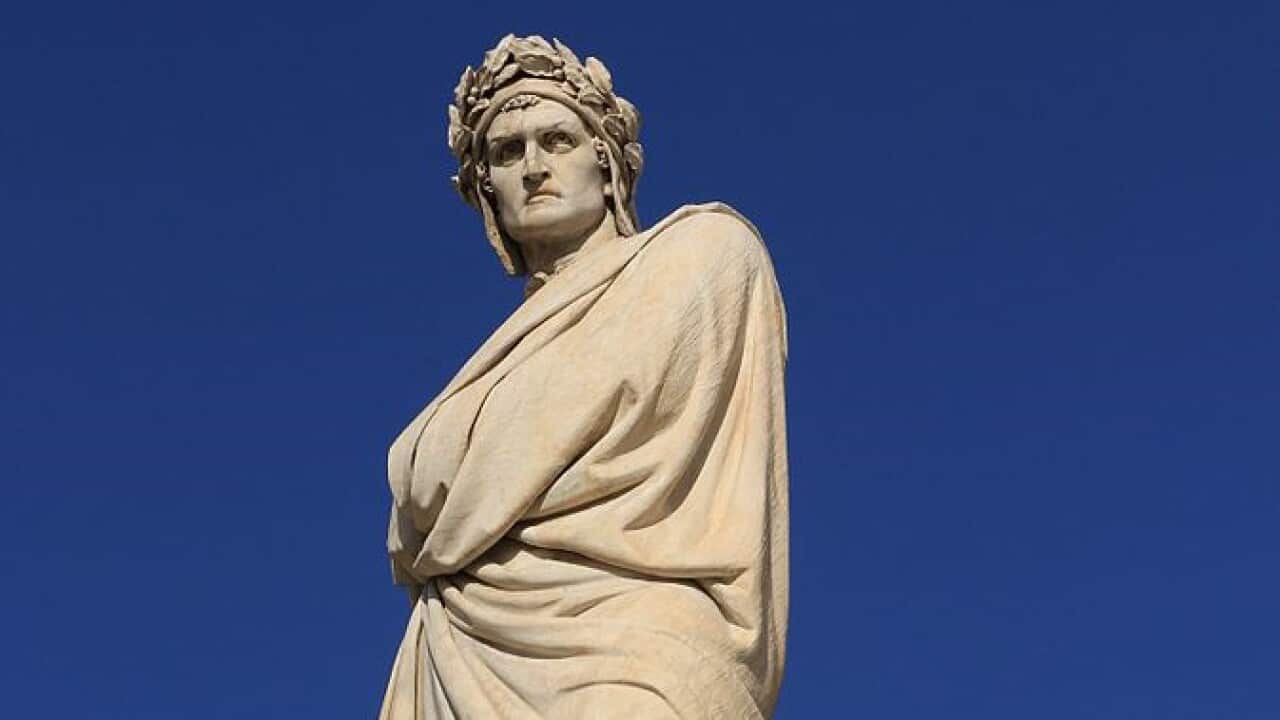 Dante Alighieri statue next to Santa Croce church, Florence (Italy), 1865, Enrico Pazzi