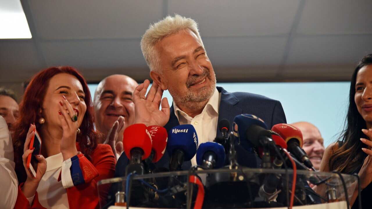 Zdravko Krivokapic, the leader of the alliance 'For the Future of Montenegro', gives a post-election speech