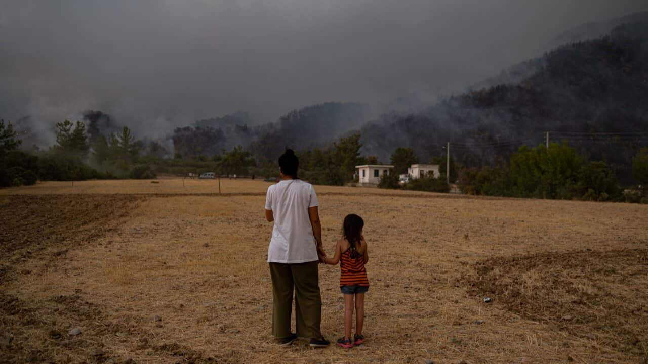 A woman and child stand in a field watching wildfires as they burn in the Koycegiz district of Mugla in Turkey on 3 August, 2021.