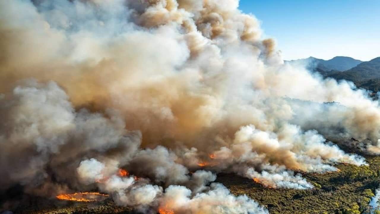 A large bushfire burning in Tasmania, Australia.