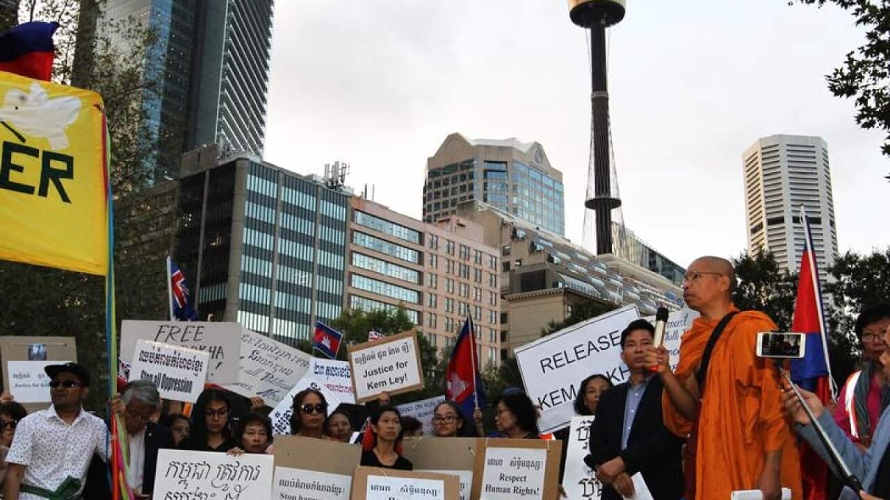 Protesters are seen rallying against Cambodian Prime Minister Hun Sen.