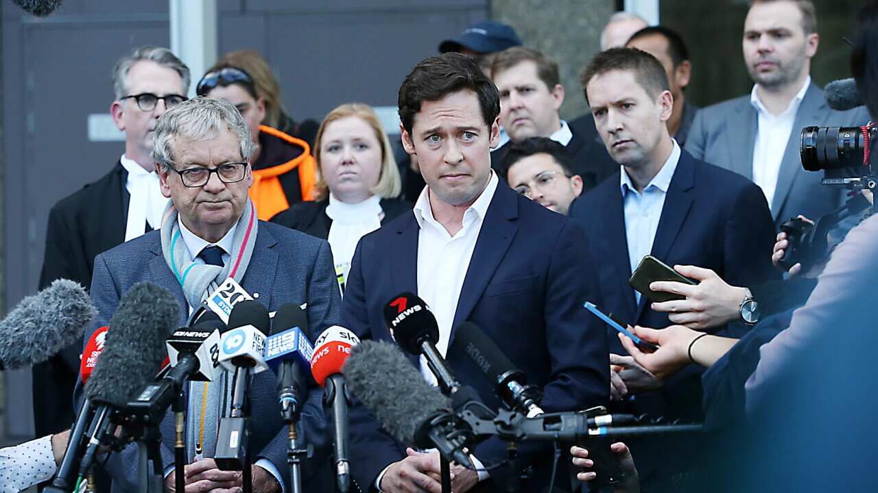 Journalists (L-R) Chris Masters, Nick McKenzie and Nine Newspapers managing director of publishing James Chessell, after the Ben Roberts-Smith trial at the Federal Court of Australia in Sydney (AAP).