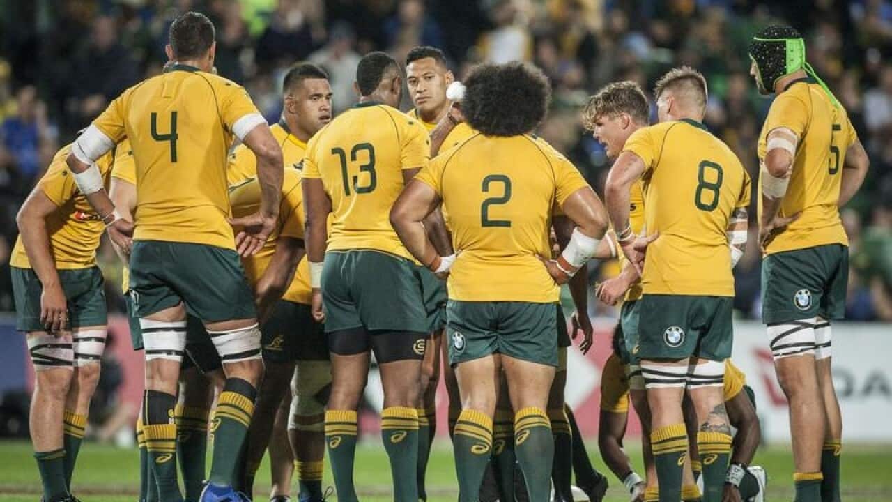 Wallabies huddle against the Springboks