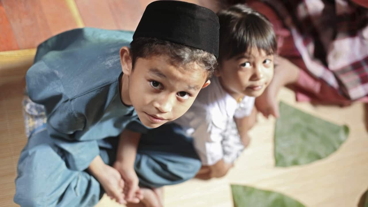 Children saying grace, Full Length, High Angle View, Looking At Camera