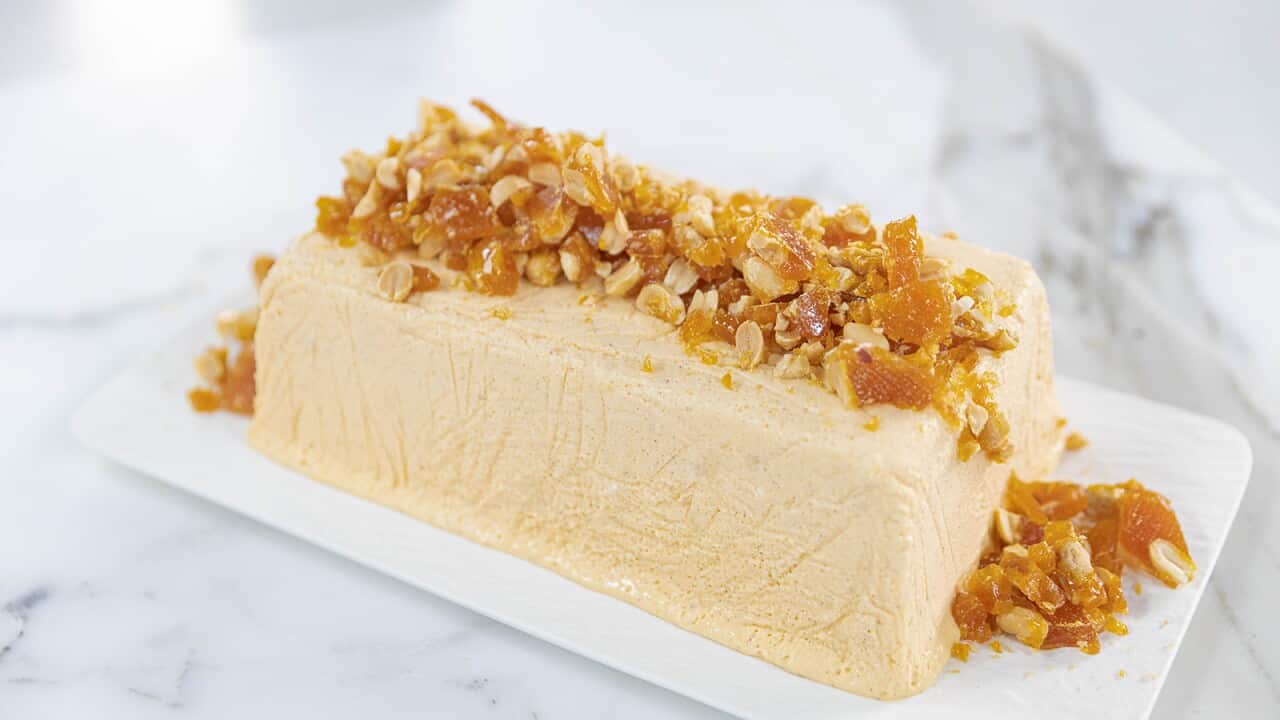 A long block of cremy coloured parfait sits on a white platter. A line of peanut brittle pieces sits along the top of the parfait.
