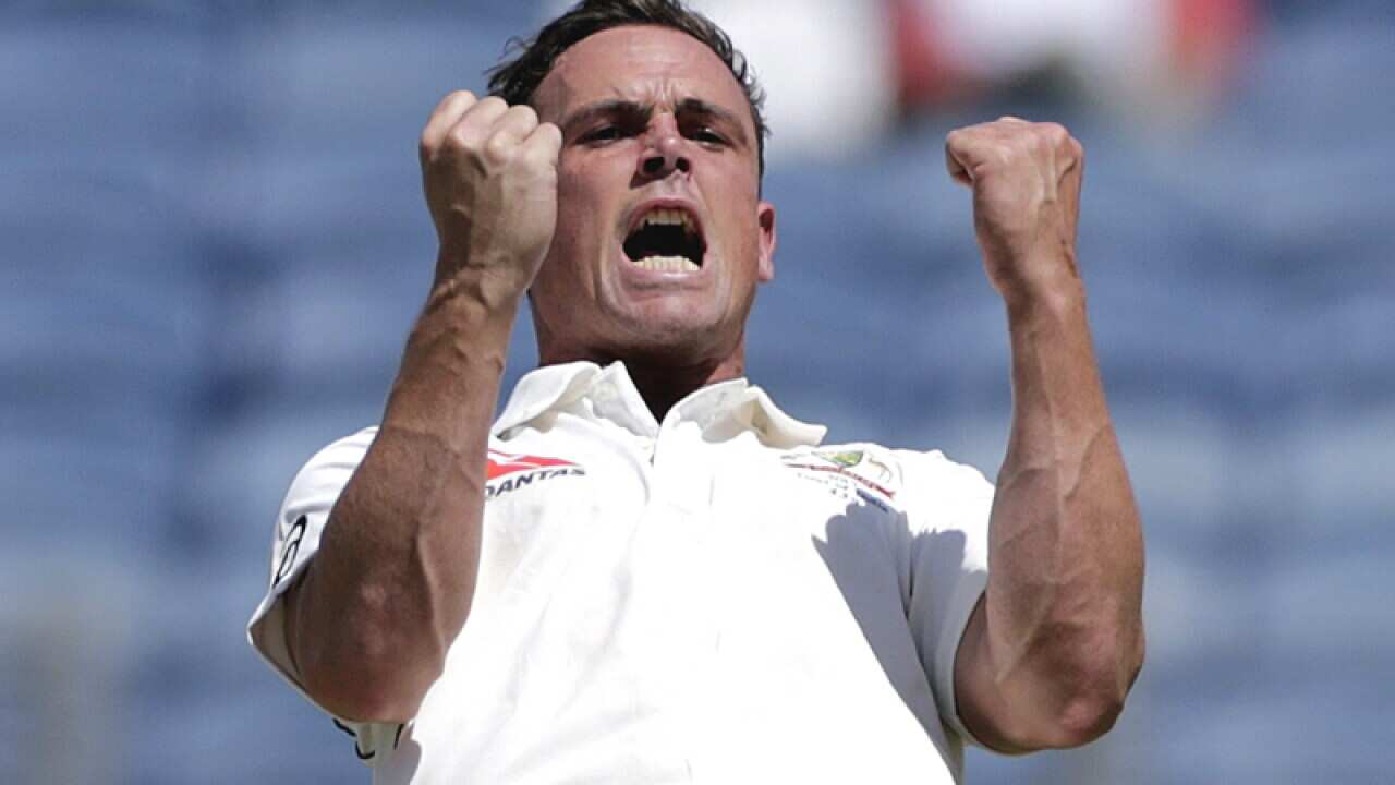 Steve O'Keefe celebrates the dismissal of India's Ajinkya Rahane