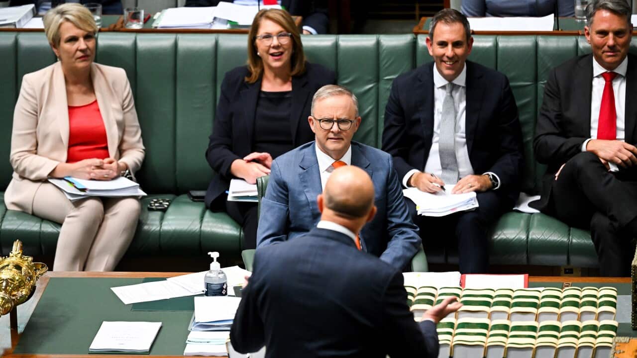 Australian Prime Minister Anthony Albanese reacts during Question Time in the House of Representatives at Parliament House in Canberra