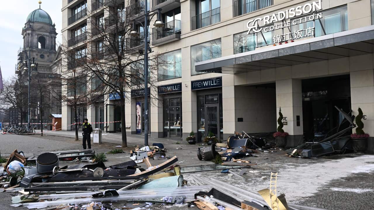Debris from a burst aquarium on a Berlin street