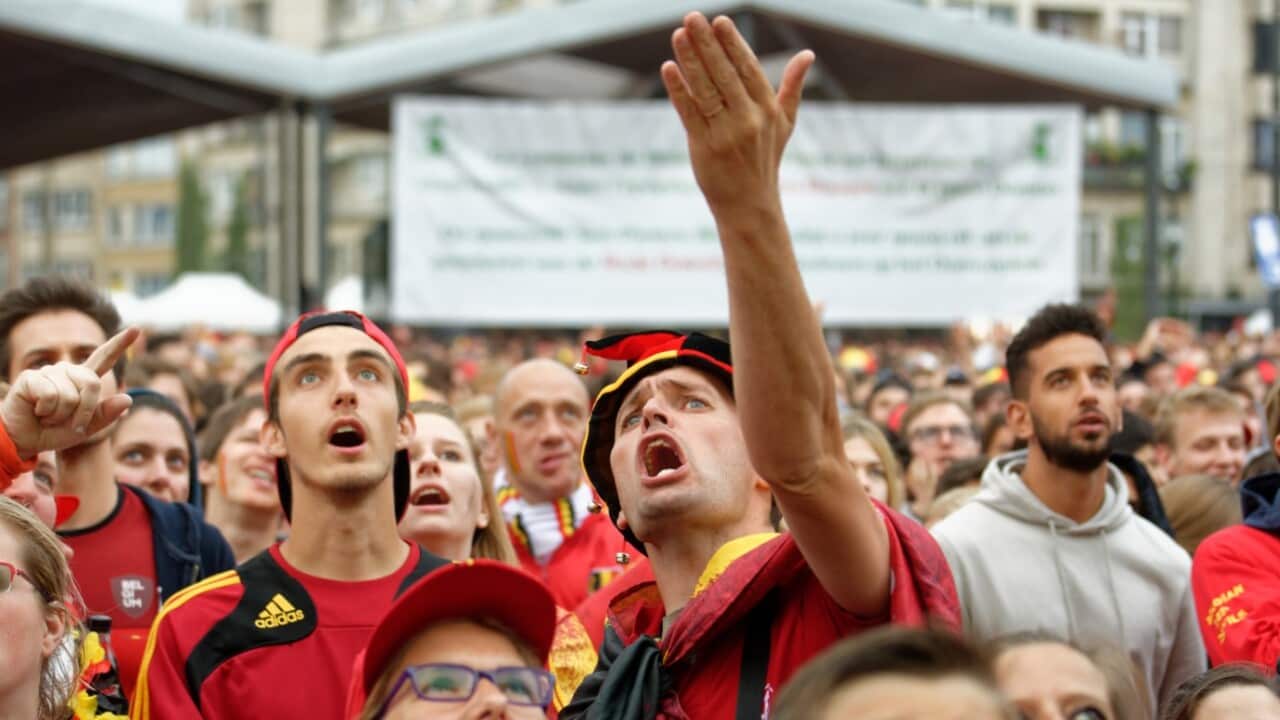 Belgium supporters react in Brussels, Belgium on July 10, 2018 as they watch the Russia 2018 World Cup semi-final football match
