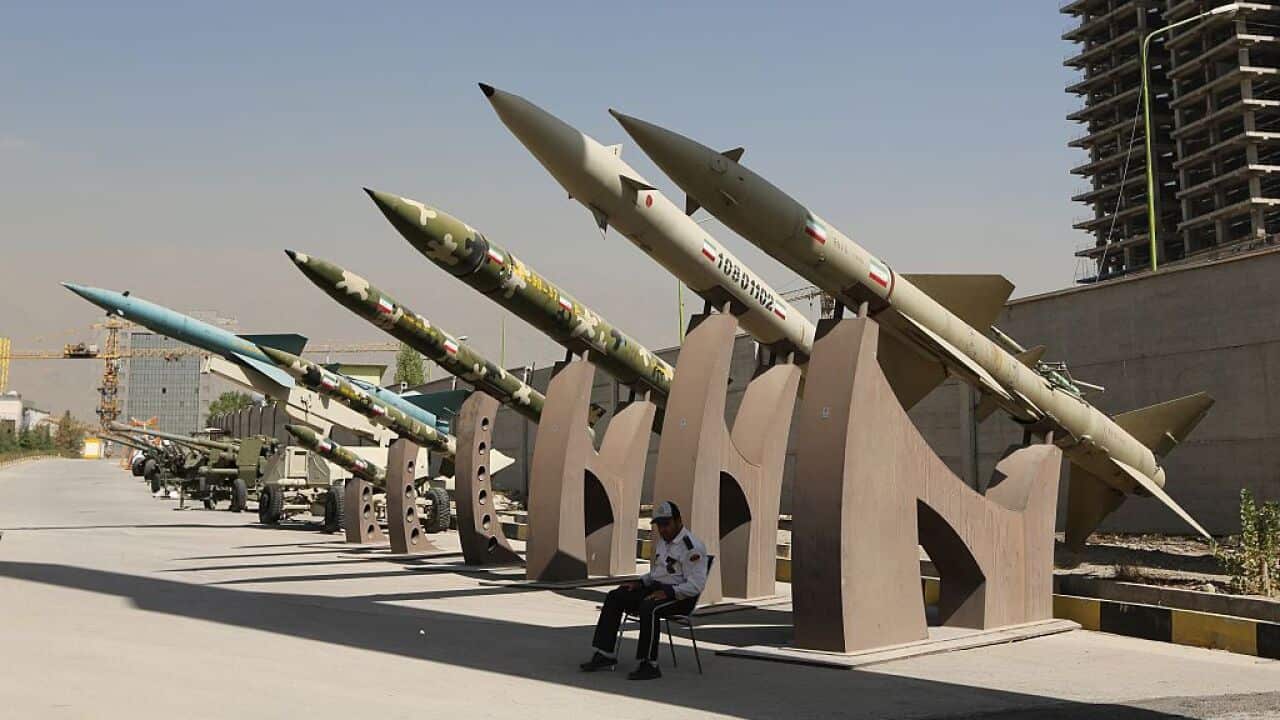 Missiles are displayed during an exhibition on the 1980-88 Iran-Iraq war, as part of the 'Sacred Defense Week' commemorating the 8-year war on September 28, 2014 at a park, northern Tehran.