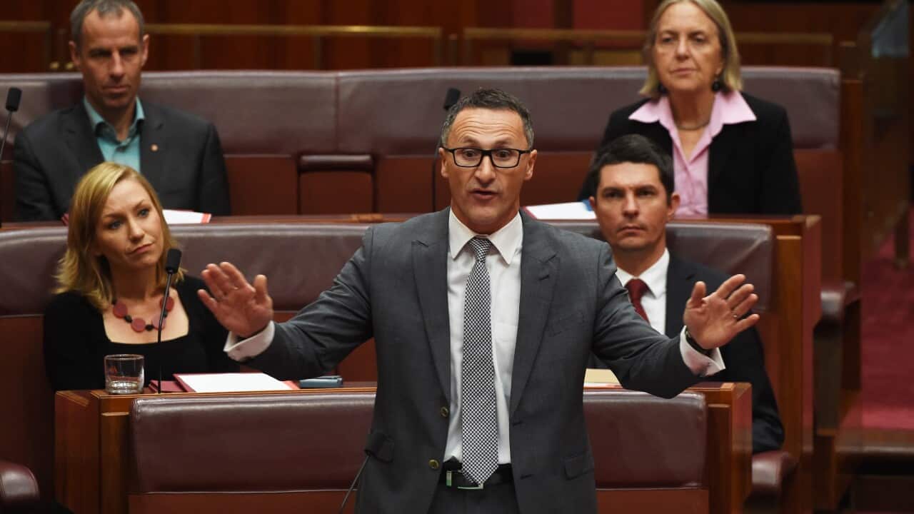Greens leader Richard Di Natale resumes debate on the Australian Building and Construction Commission (ABCC) bill in the Senate at Parliament House in Canberra on Monday, April 18, 2016.