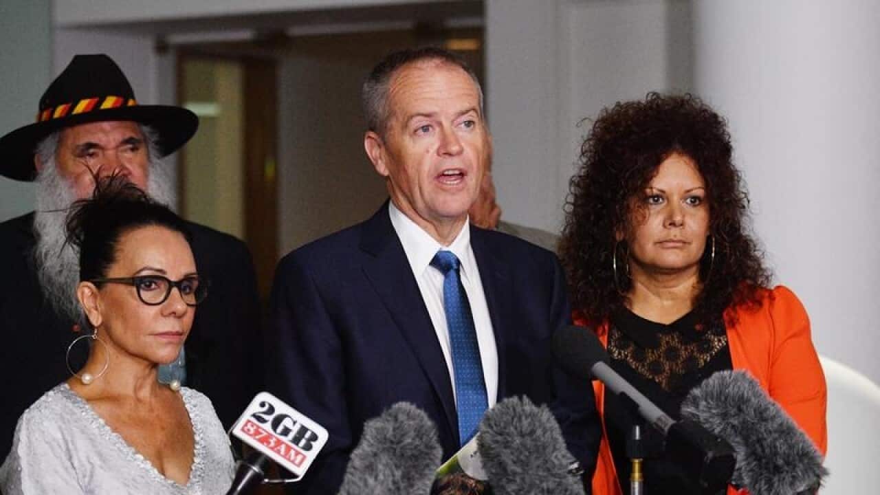 Bill Shorten, with Linda Burney, Mick Dodson and Malarndirri McCarthy.