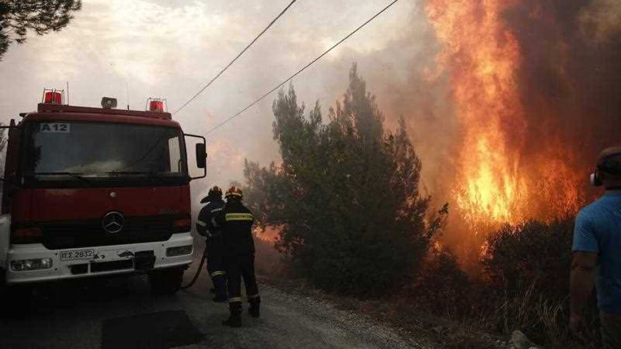 Firefighters try to extinguish flames during a forest fire in Neo Voutsa, a northeast suburb of Athens, Greece, 23 July 2018.