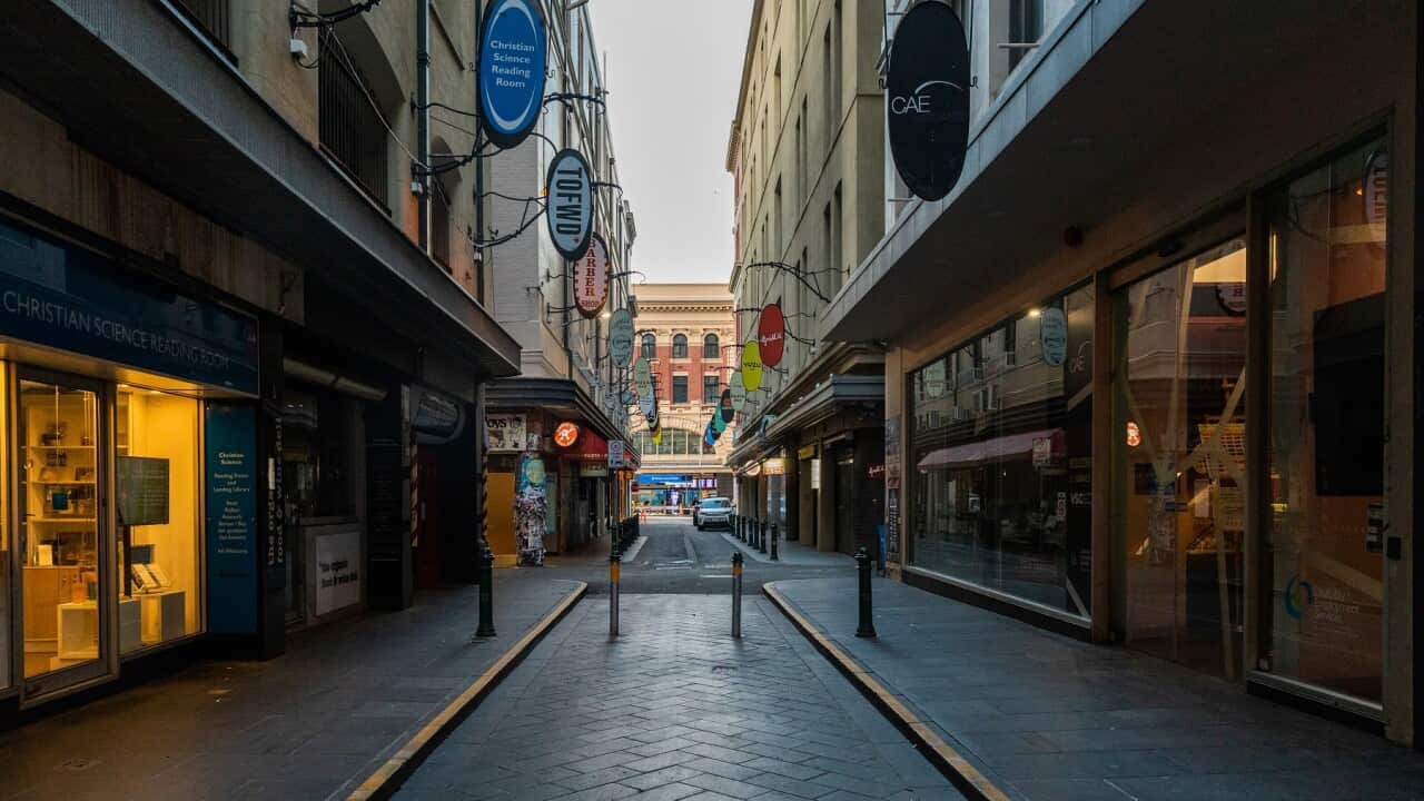 An empty Degraves street in Melbourne which is a usually busy cafe precinct
