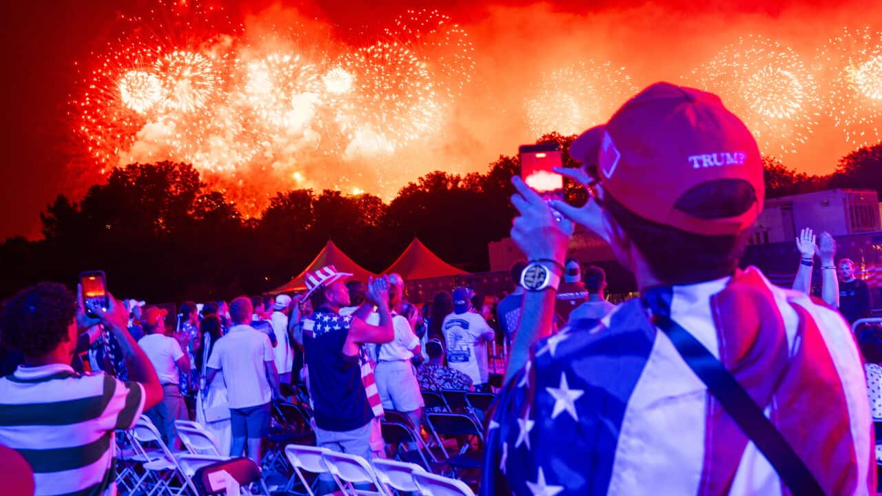 Fireworks go off during the Salute to America 250 celebration on the National Mall in Washington, DC, USA, 05 July 2026.