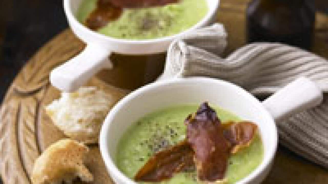 Pea soup with crisp prosciutto