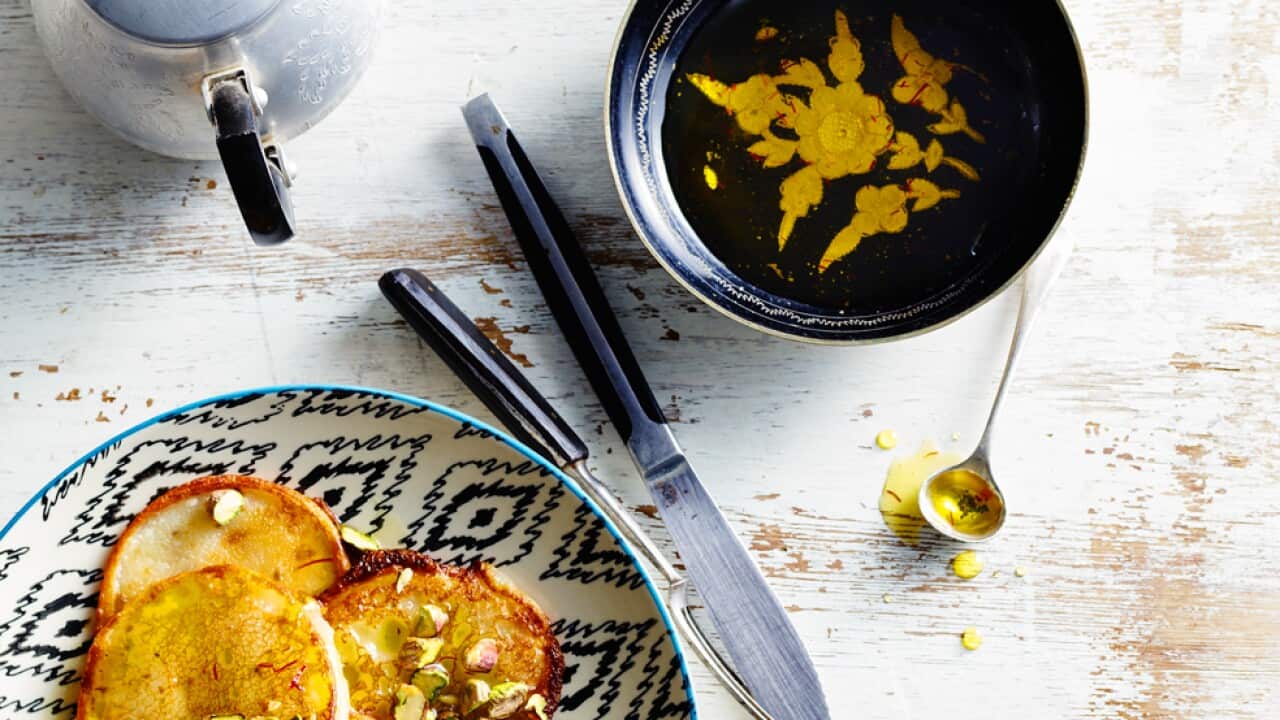 Pancakes with saffron syrup