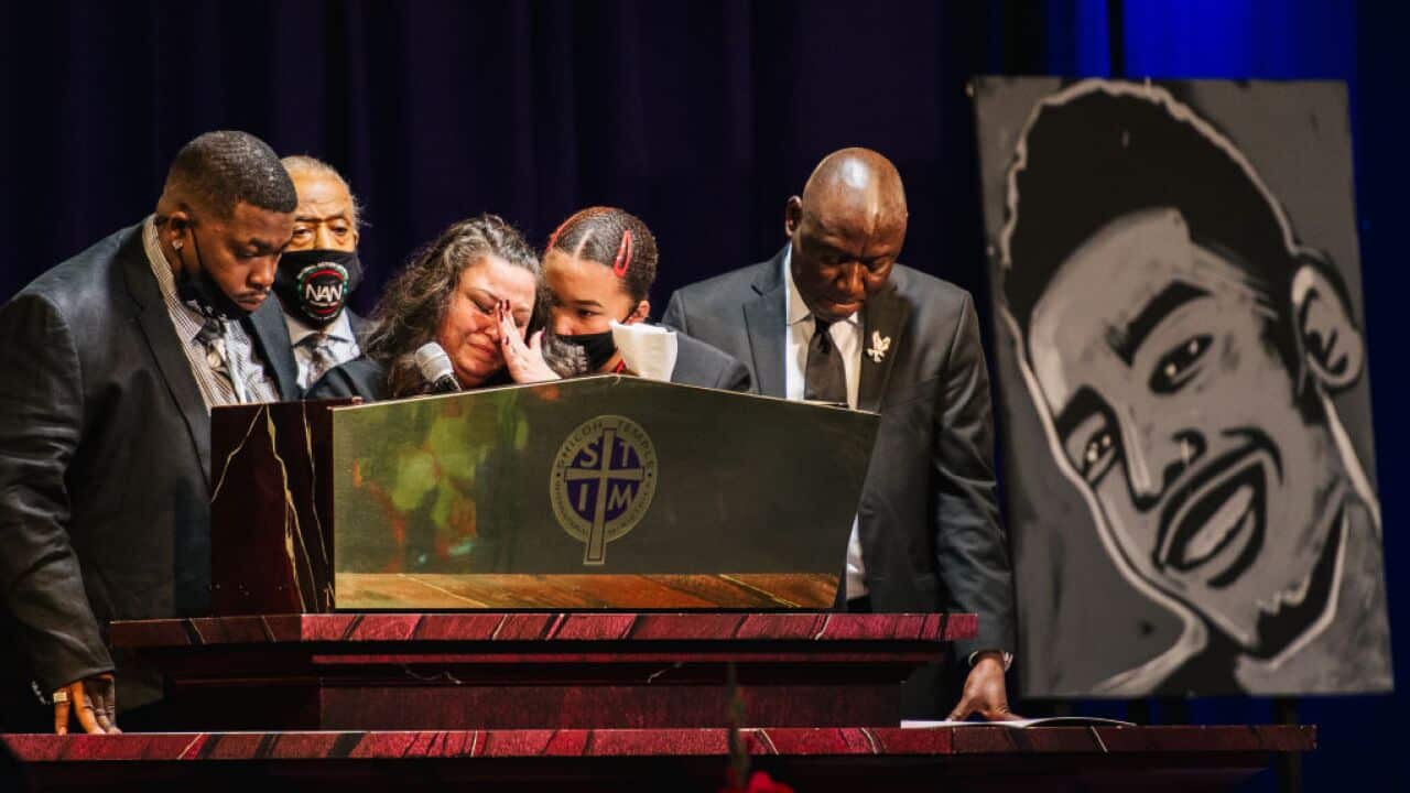 Aubrey Wright, Rev. Al Sharpton, Katie Wright, Diamond Wright, and Attorney Ben Crump give remarks during Daunte Wright's funeral in Minneapolis