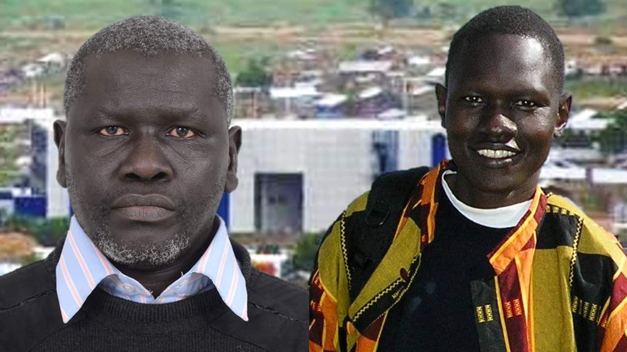 the photo of Dong Samuel, Aggrey Idri and the blue house as a backdrop