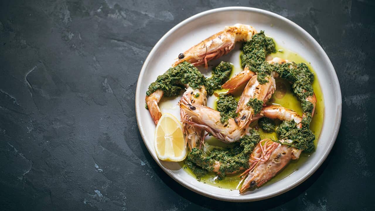 Prawns with vine leaf salsa verde