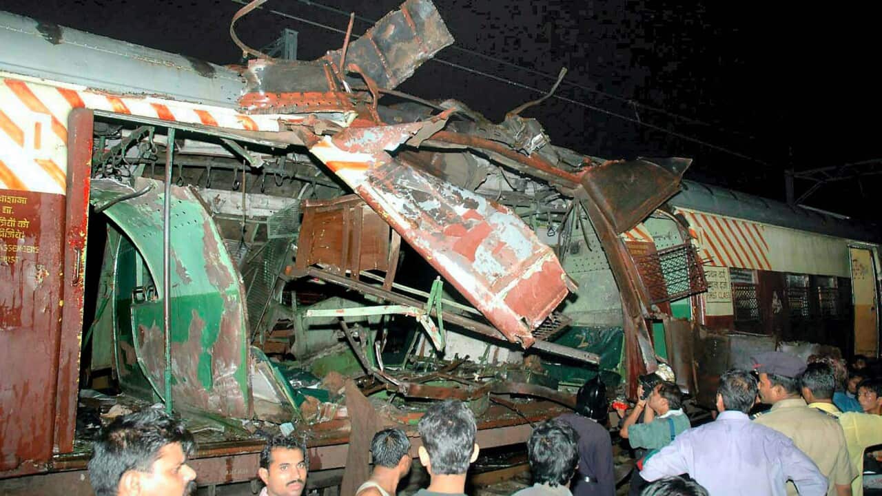 A scene from the 2006 train bombing in Mumbai, India.