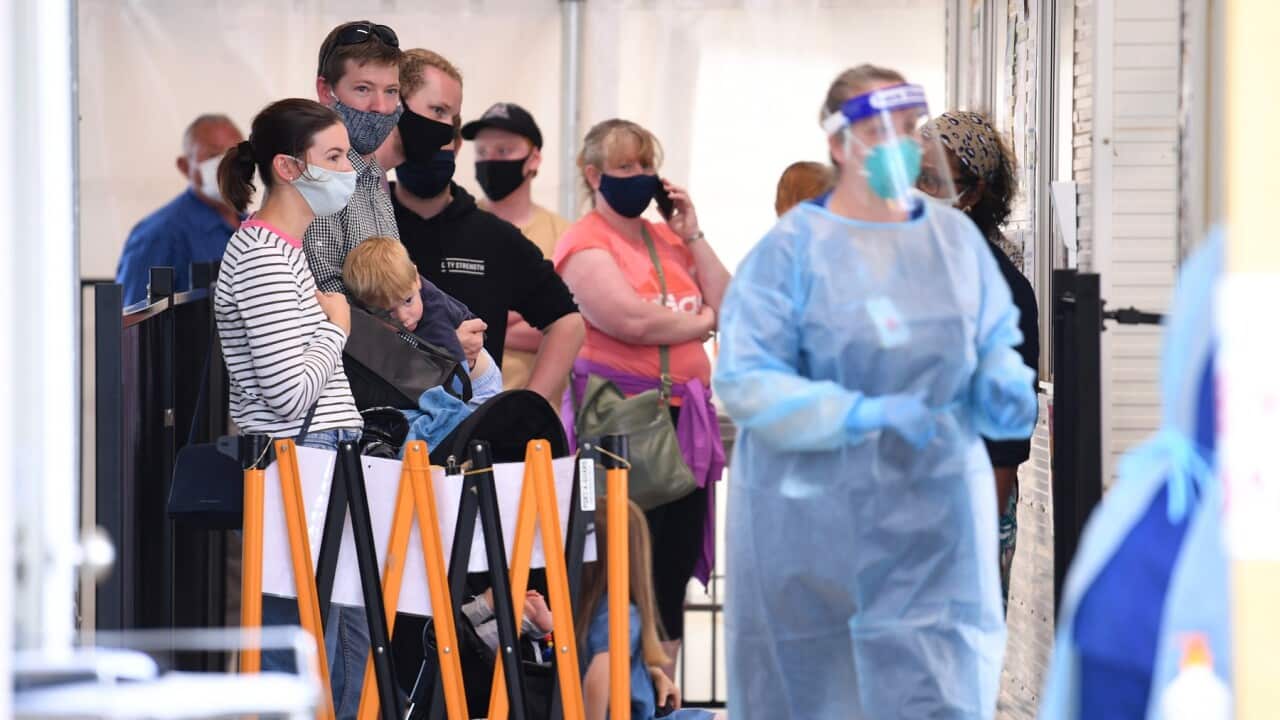 People waiting in line at a Covid19 testing facility in Shepparton