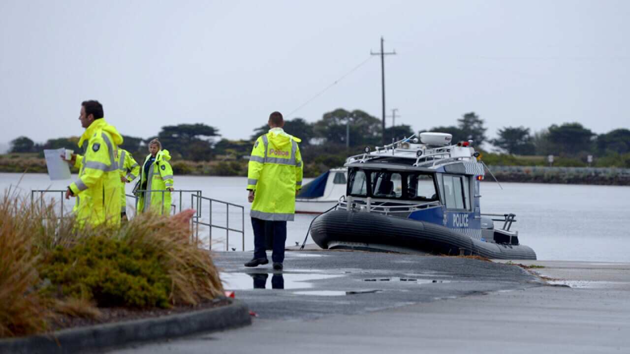 A Police boat is seen docked at Point Lonsdale following a plane crash