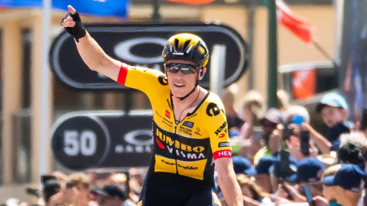 Rohan Dennis of Jumbo-Visma celebrates a stage victory at the Tour Down Under.