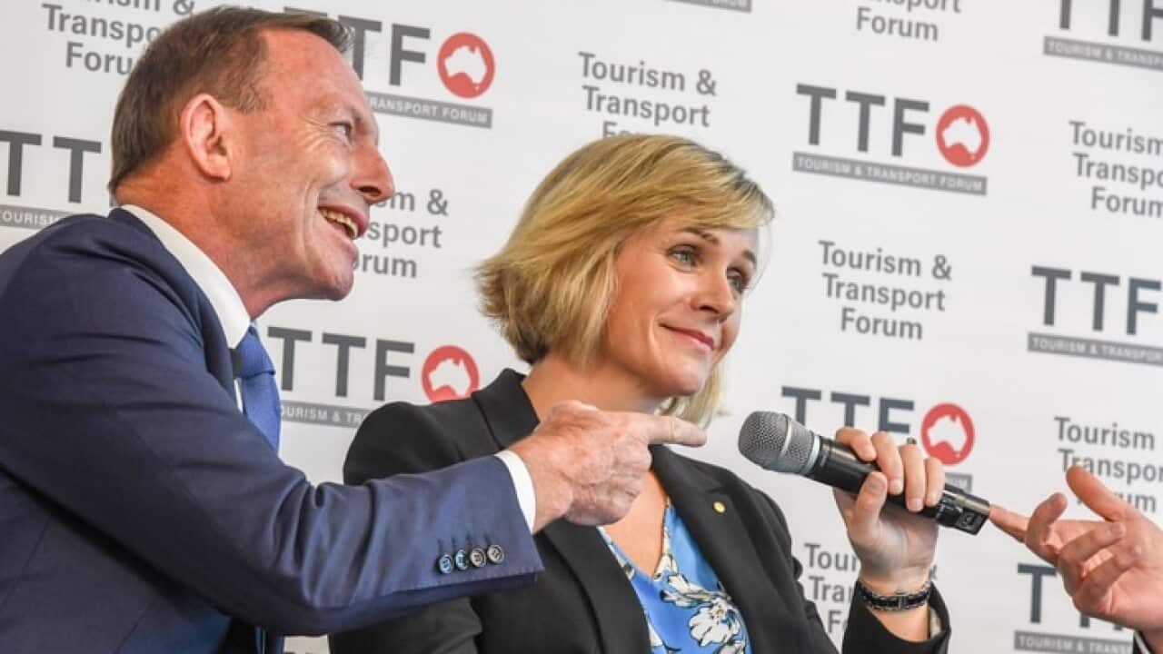 Member for the seat of Warringah Tony Abbott with Independent candidate Zali Steggall at an event in March