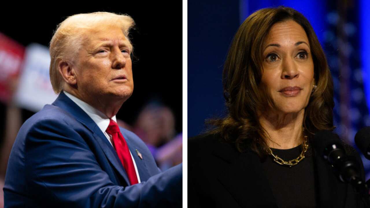 A composite image of a man in a blue suit and red tie and a woman in a black top and gold necklace