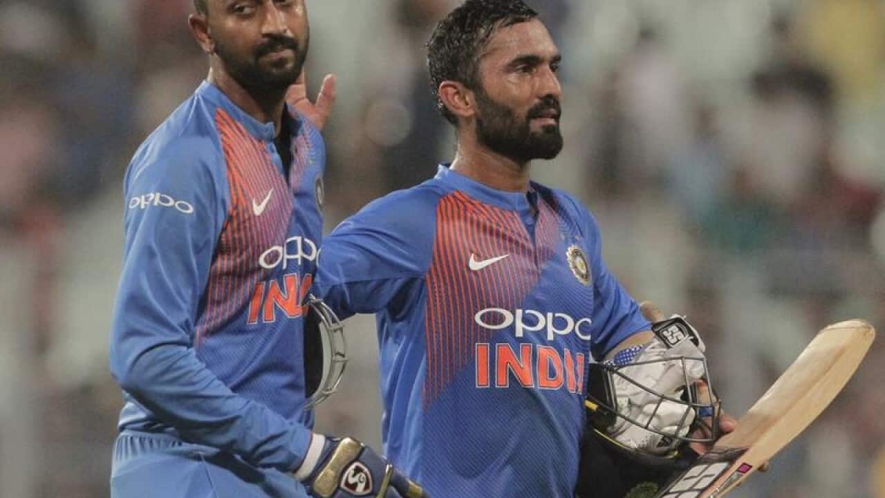 India batsmen Dinesh Karthik (R) and Krunal Pandya