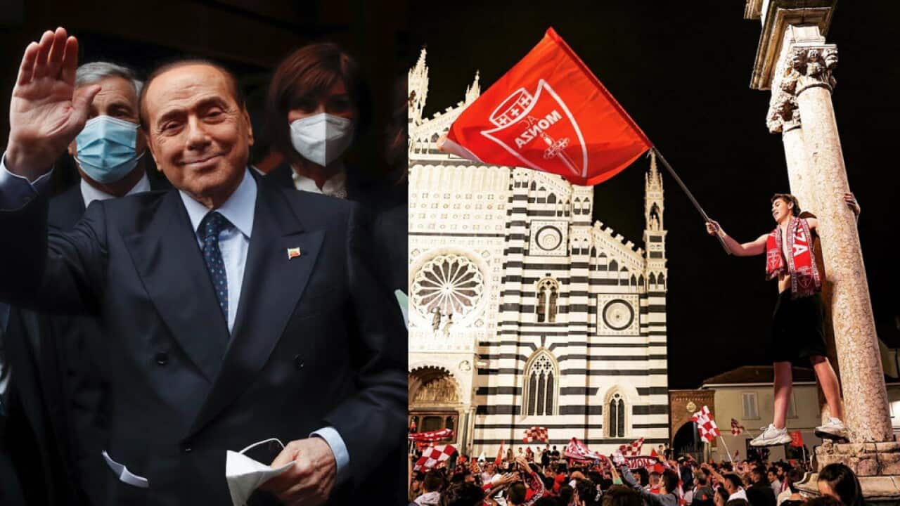 Silvio Berlusconi e un'immagine della festa in piazza a Monza per la storica promozione in Serie A del club brianzolo