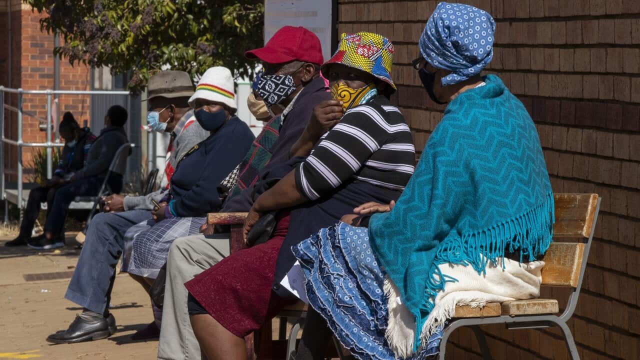 Retirees wait to receive the Pfizer vaccine at a clinic outside Johannesburg
