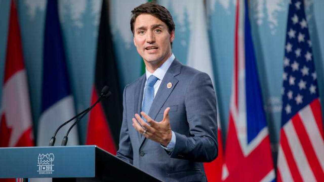 Canadian Prime Minister Justin Trudeau speaks during a press conference to comment on the discussions between the G7 leaders after their meeting in La Malbaie.