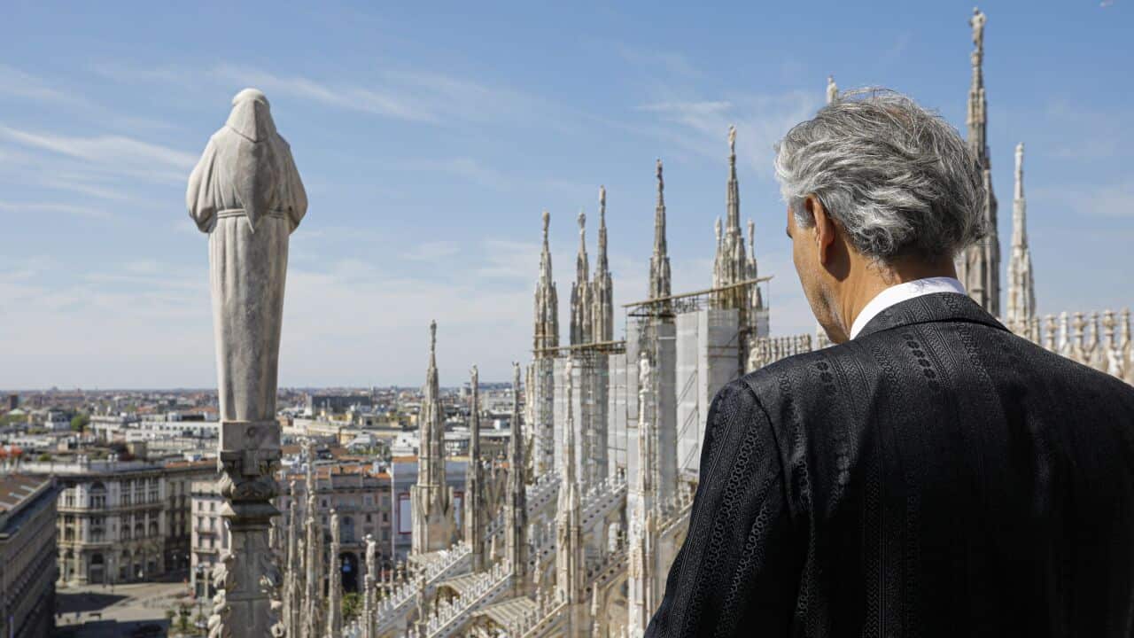 Tenor Andrea Bocelli performing from Milan.